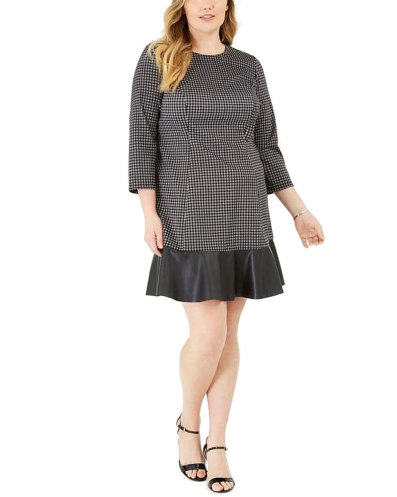 Front of a model wearing a size 1X Michael Kors Women's Plus Flounce Hem Combo Dress Silver Size 1X in Silver by Michael Kors. | dia_product_style_image_id:313371